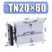 Load image into Gallery viewer, Double Rod Pneumatic Cylinder TN 20mm Bore 10/15/20/25/30/35/40/50/60/70/80/90/100/125/150mm Stroke Air Cylinder Aluminum Alloy
