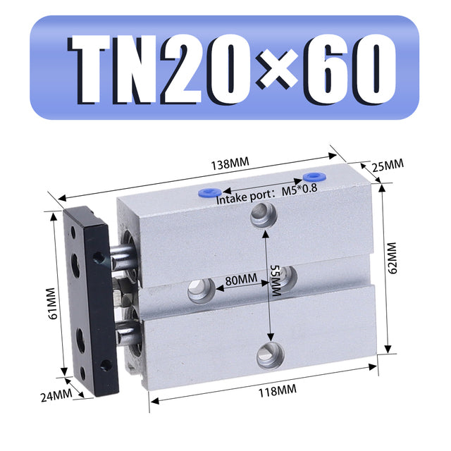 Double Rod Pneumatic Cylinder TN 20mm Bore 10/15/20/25/30/35/40/50/60/70/80/90/100/125/150mm Stroke Air Cylinder Aluminum Alloy