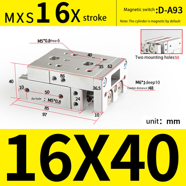 Pneumatic MXS Series Rail Slide Air Cylinder MXS16-10 MXS16-20 MXS16-30 MXS16-40 MXS16-50  MXS16-75 MXS16-100 MXS16-125